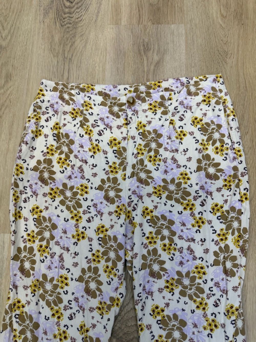 Free People Floral Bell Bottom Pants in White, Brown & Lavender - Picture 4 of 7
